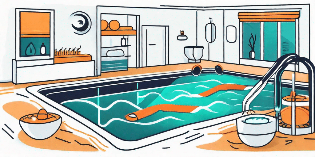 A swim spa with various elements like energy symbols